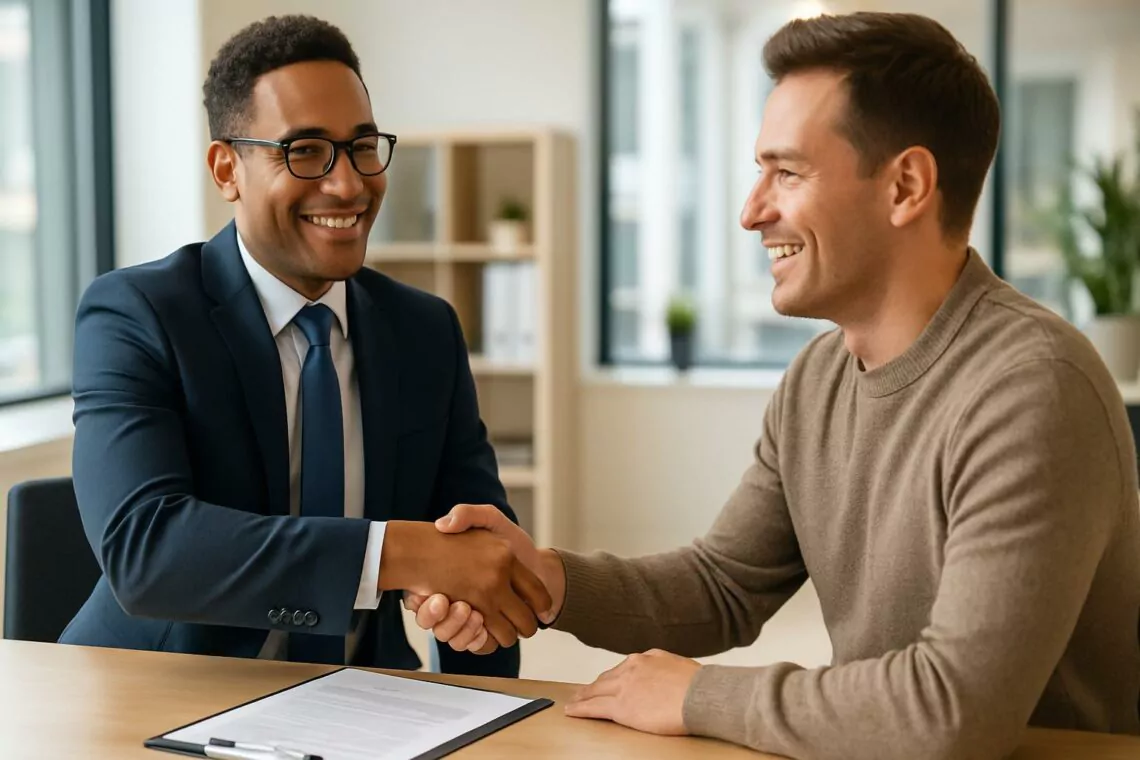 Cliente estrechando mano de perito de seguros de confianza en oficina profesional