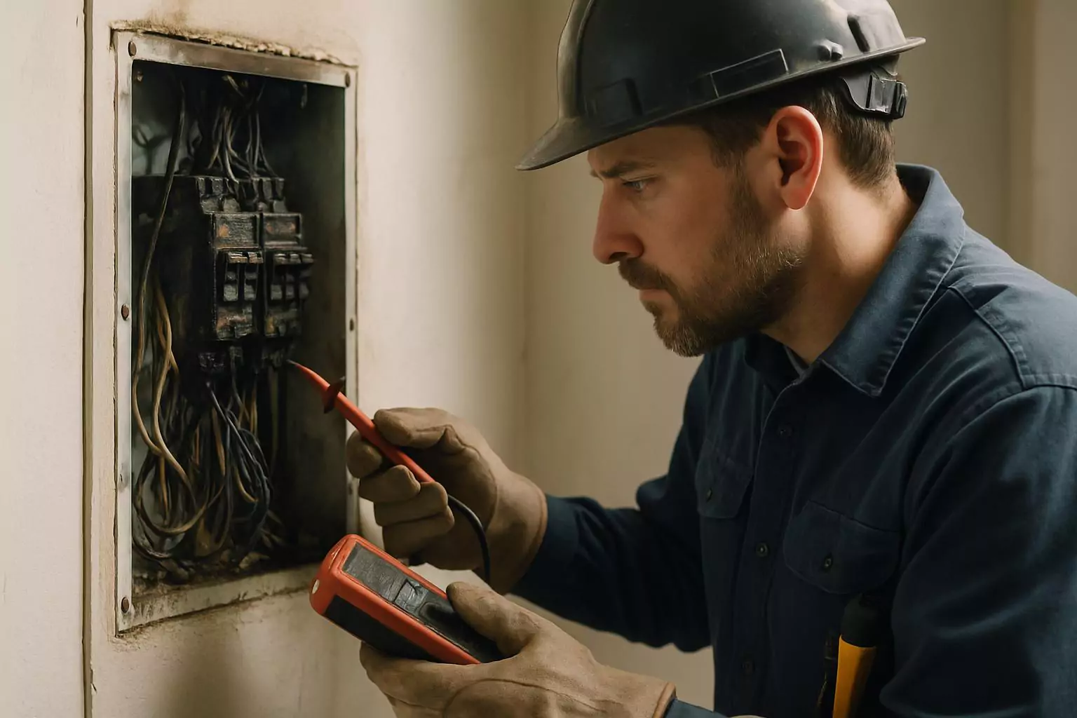 Técnico especialista inspeccionando daños eléctricos en instalación doméstica