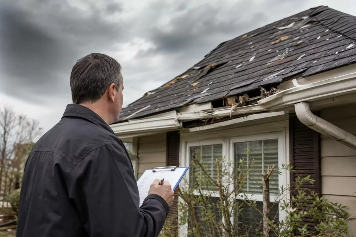 Perito inspeccionando daños por temporal de viento y granizo en vivienda