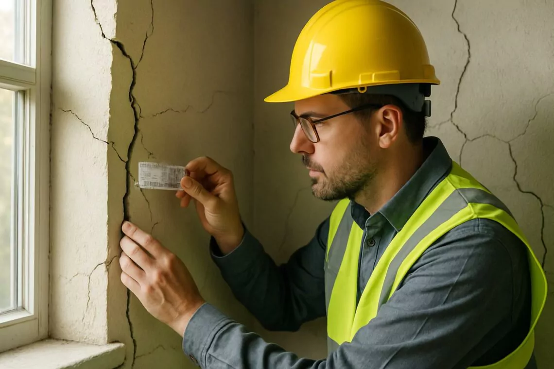Perito inspeccionando grietas y fisuras en pared de vivienda