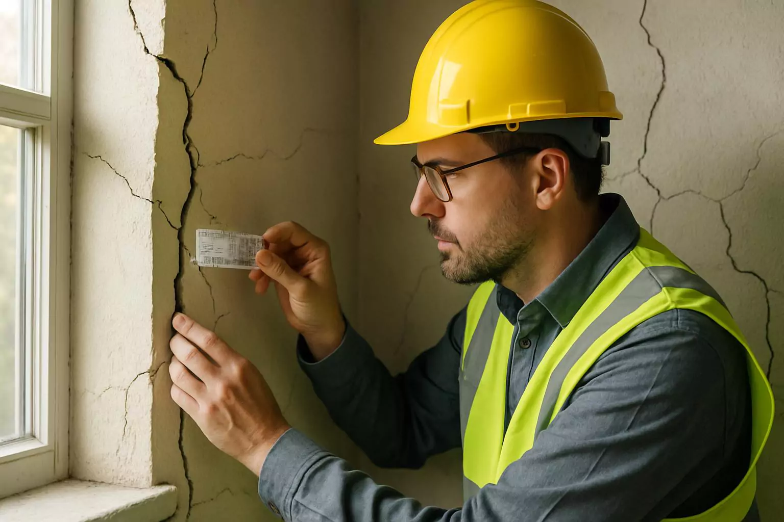 Perito inspeccionando grietas y fisuras en pared de vivienda
