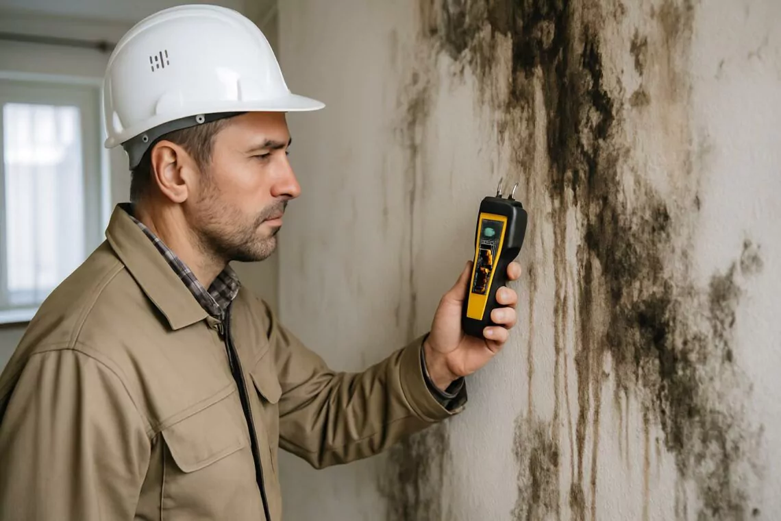 Inspector examinando daños por humedades en pared de vivienda