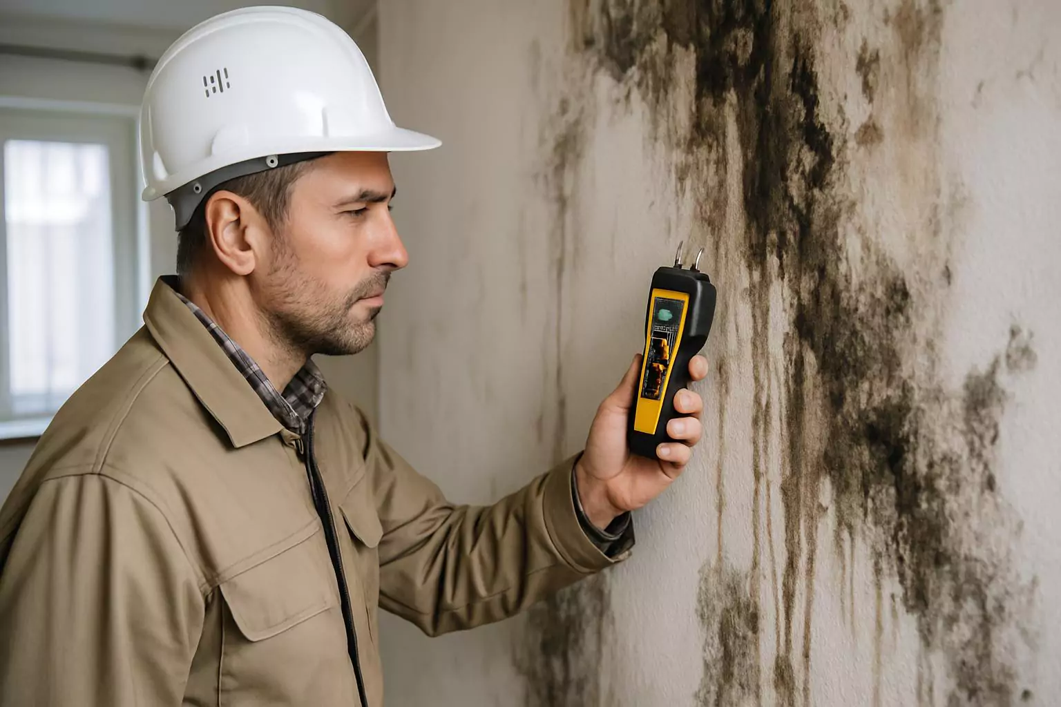 Inspector examinando daños por humedades en pared de vivienda
