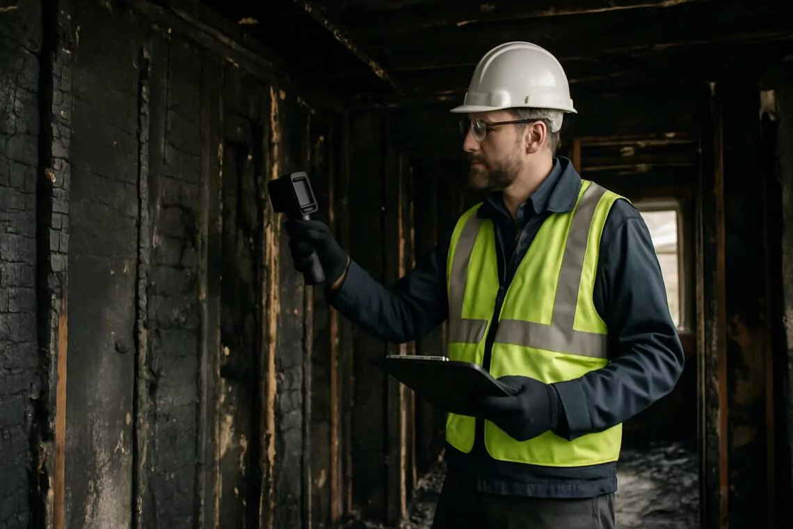 Perito de seguros con equipo de seguridad inspeccionando daños por incendio