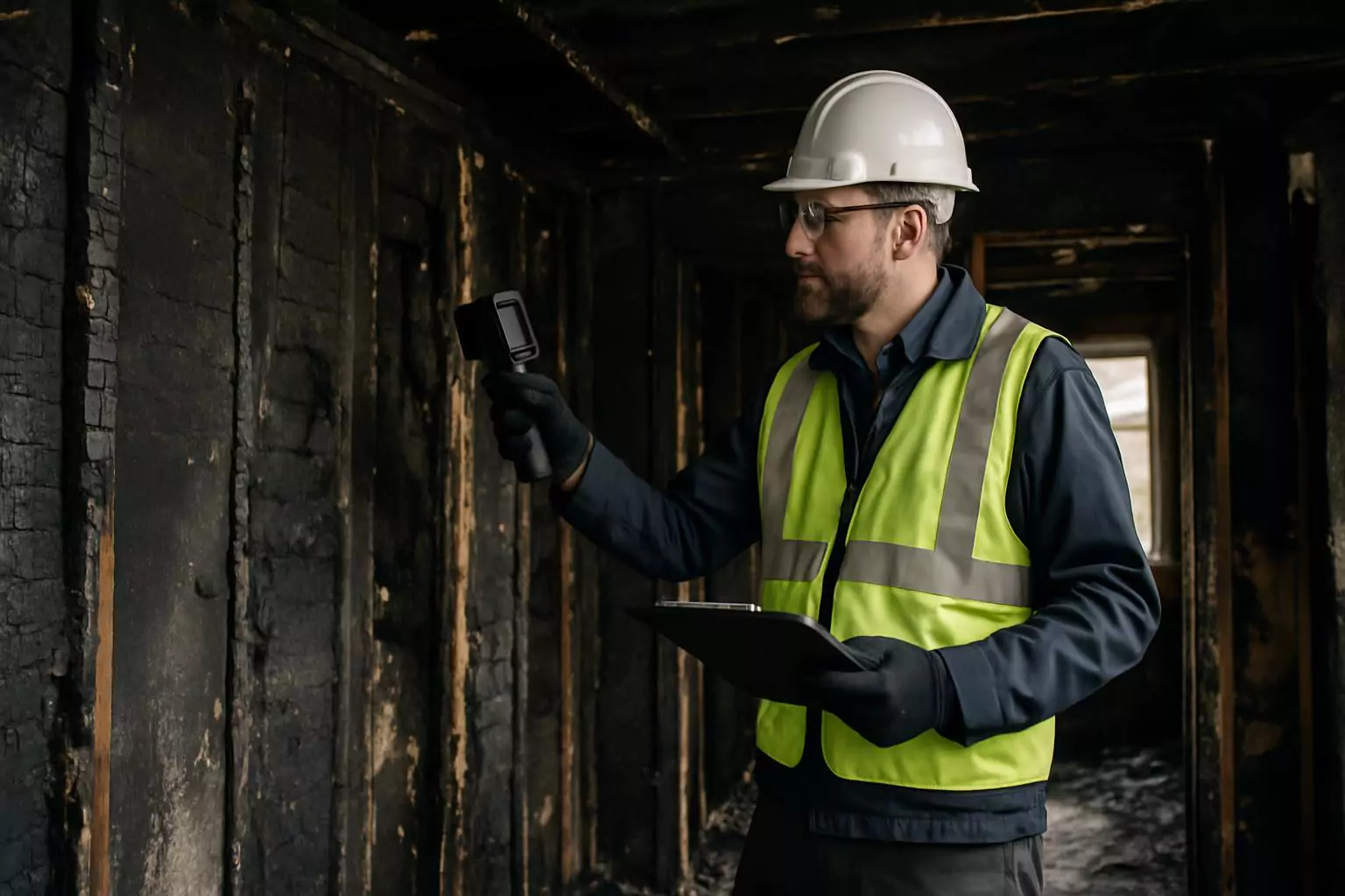 Perito de seguros con equipo de seguridad inspeccionando daños por incendio