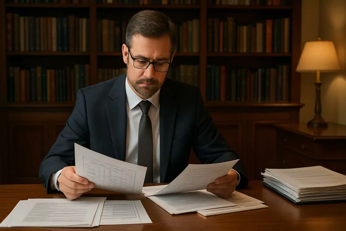Experto técnico revisando informe pericial con documentos técnicos