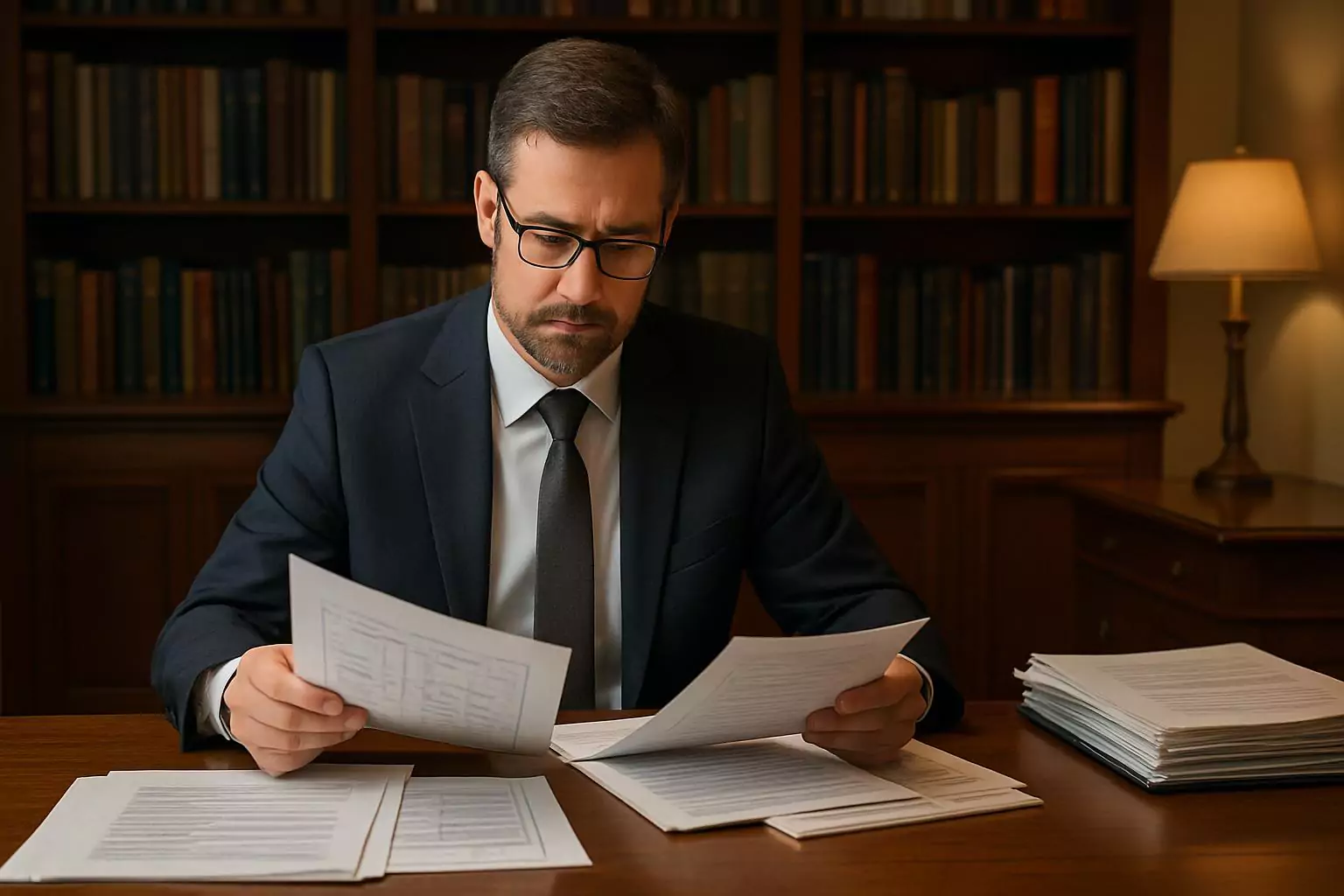 Experto técnico revisando informe pericial con documentos técnicos