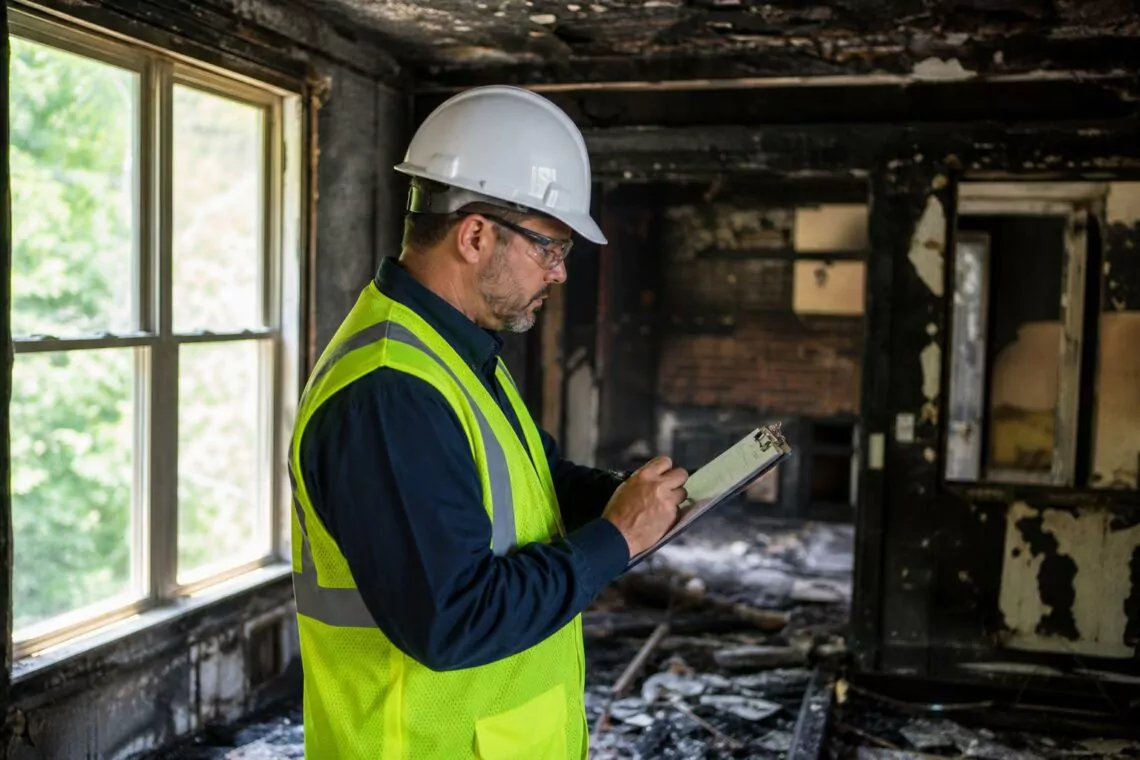 Perito investigando causas de incendio en vivienda dañada