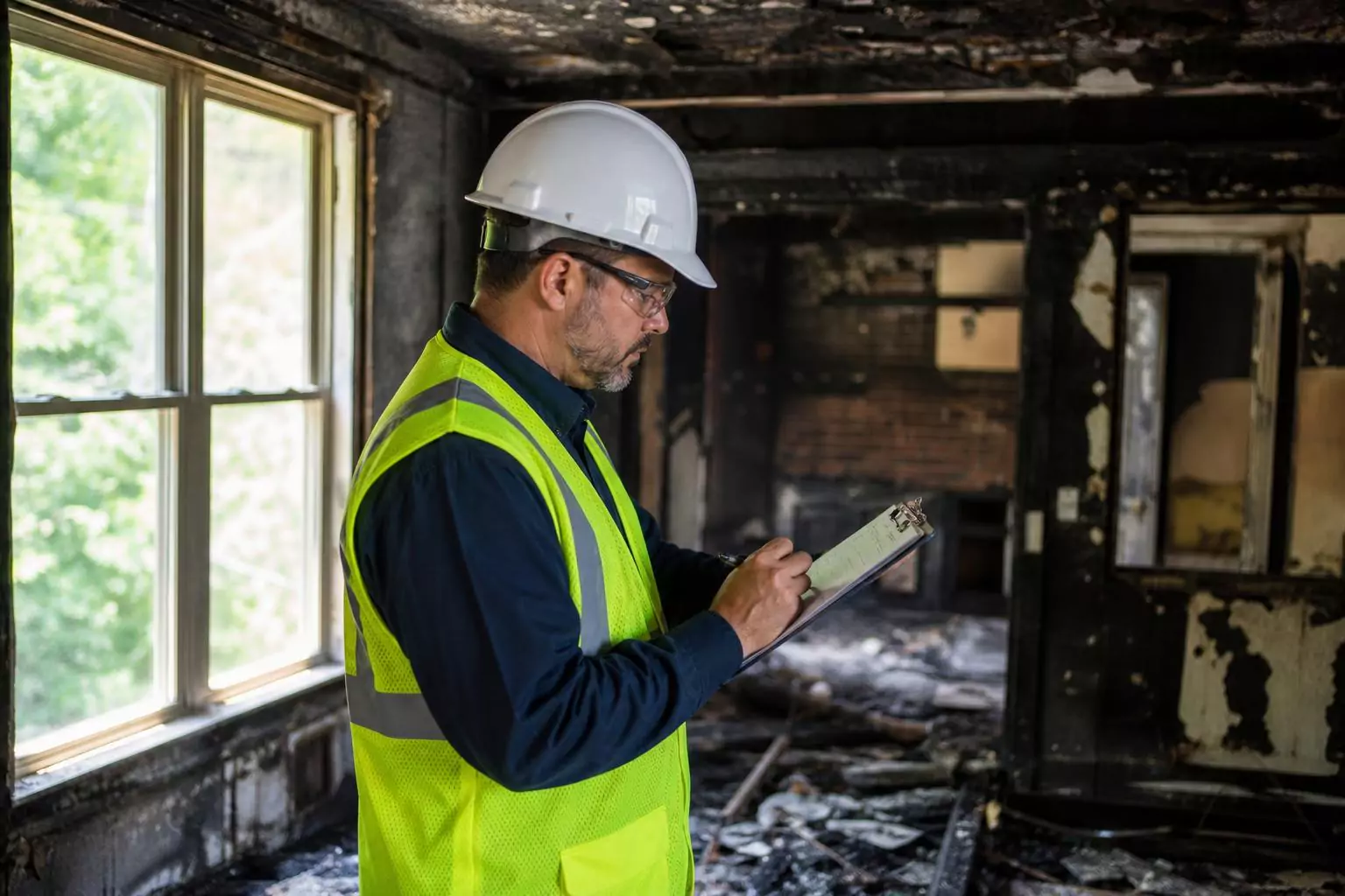 Perito investigando causas de incendio en vivienda dañada