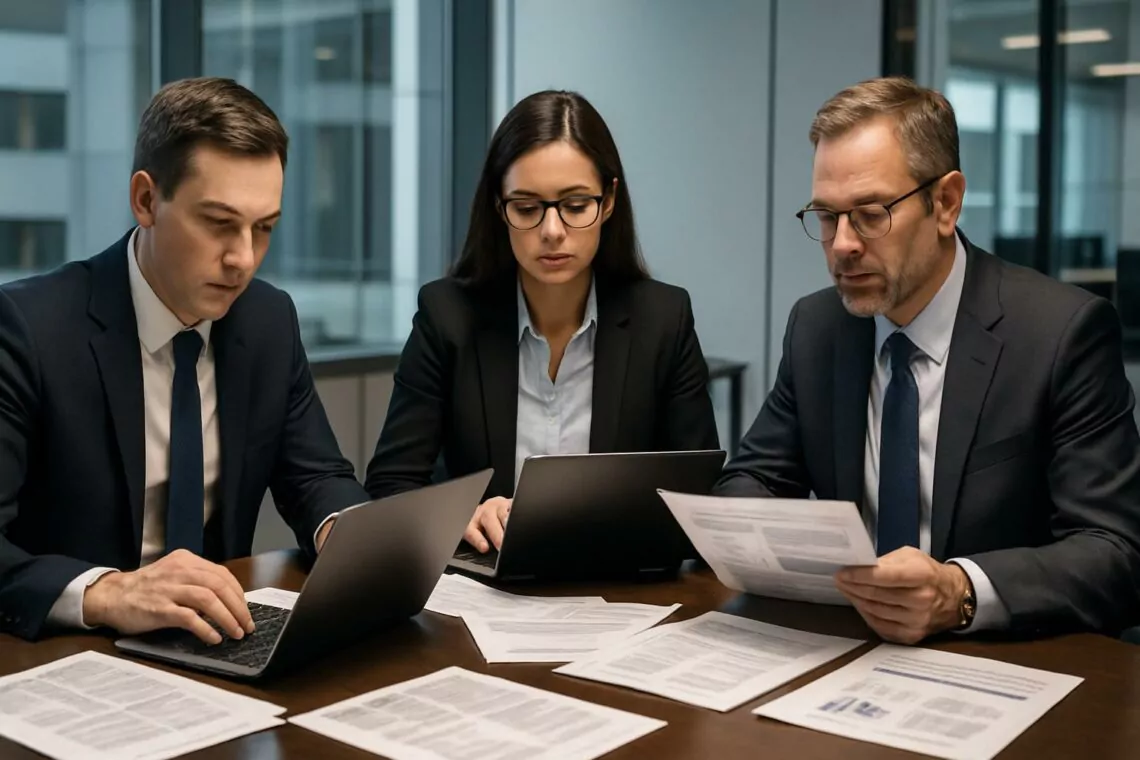 Equipo de peritos tasadores revisando expedientes de siniestros para aseguradora