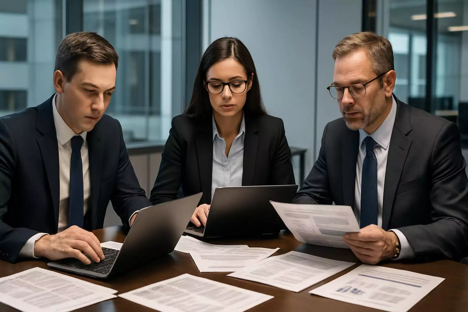 Equipo de peritos tasadores revisando expedientes de siniestros para aseguradora