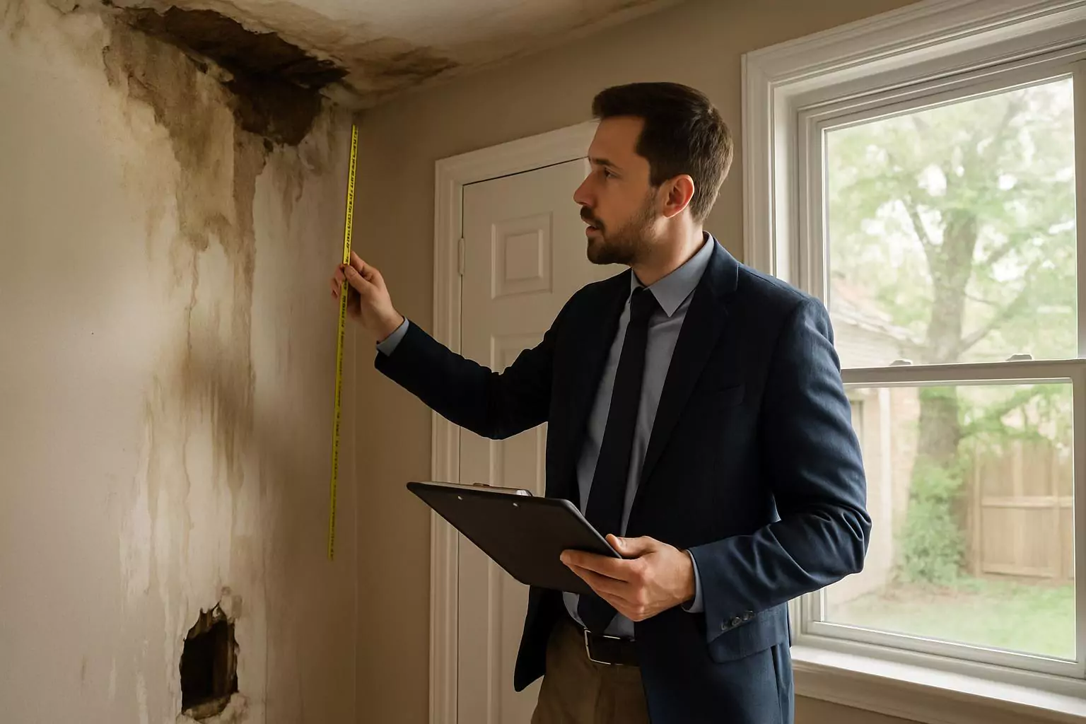 Perito de seguros realizando inspección de daños en vivienda con herramientas profesionales