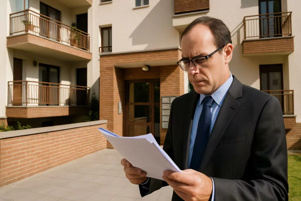 Perito de seguros con documentos en comunidad de vecinos