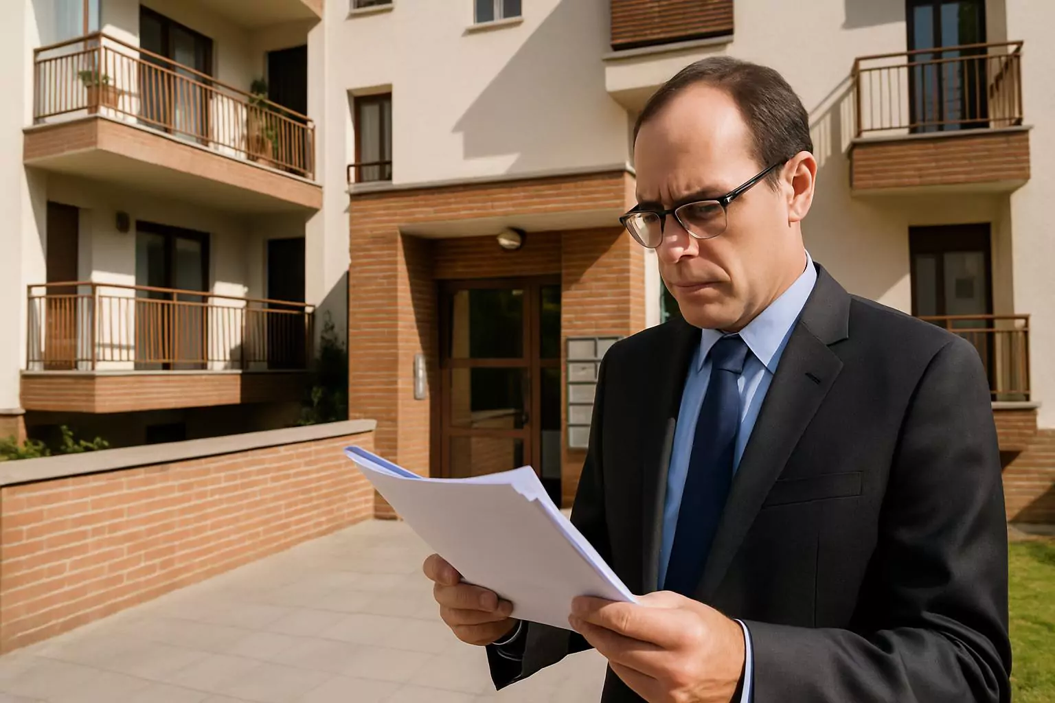 Perito de seguros con documentos en comunidad de vecinos